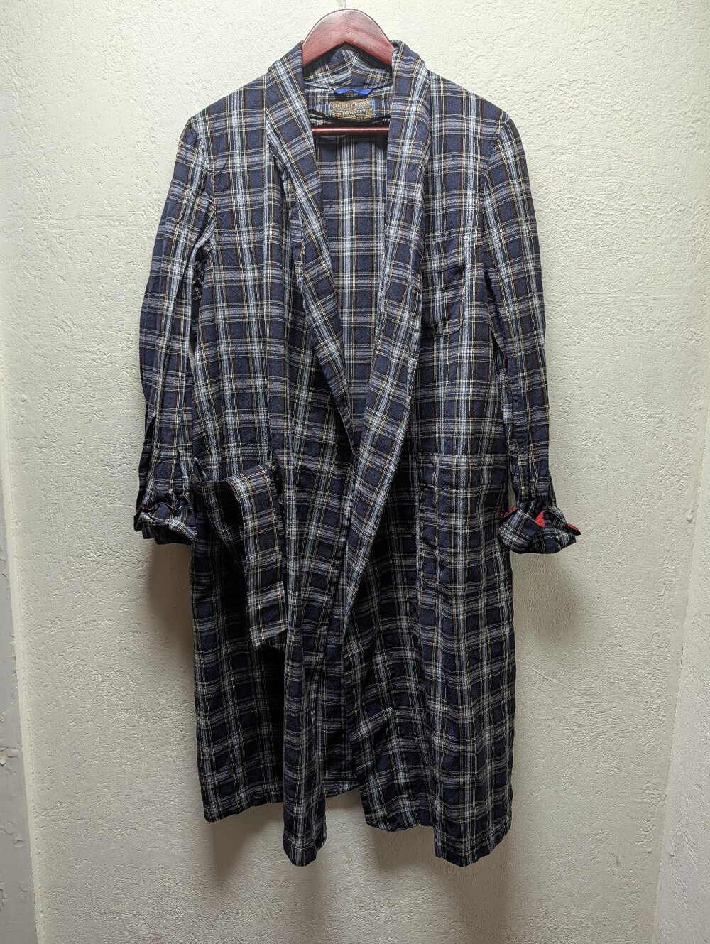 VTG Pendleton Sir Pendleton Worsted Wool Robe Navy Green Tartan Plaid Wrap Belt